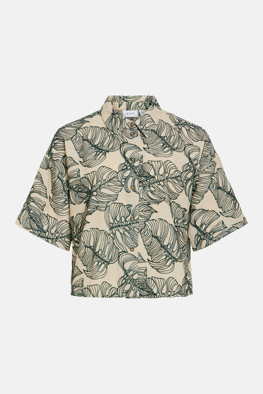 Ecru korte mouwen blouse met groen bladpatroon van VILA®, met overhemdkraag en knoopsluiting.