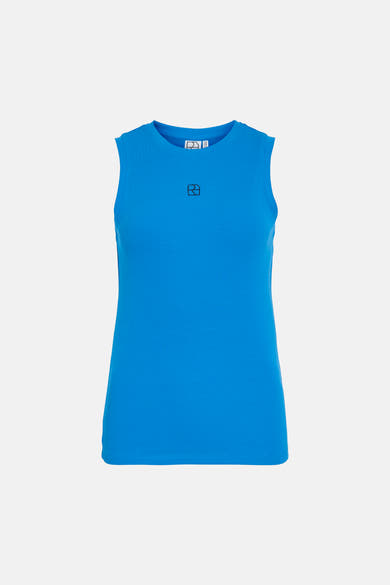 Top sans manches bleu de ROUGE EDIT, en maille côtelée avec un logo noir discret.
