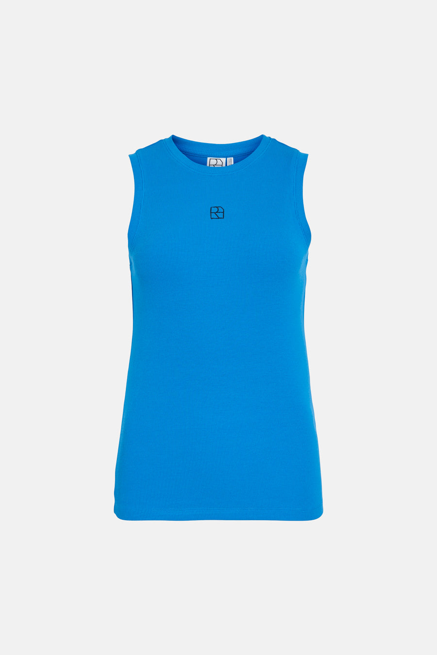 Top sans manches bleu de ROUGE EDIT, en maille côtelée avec un logo noir discret.