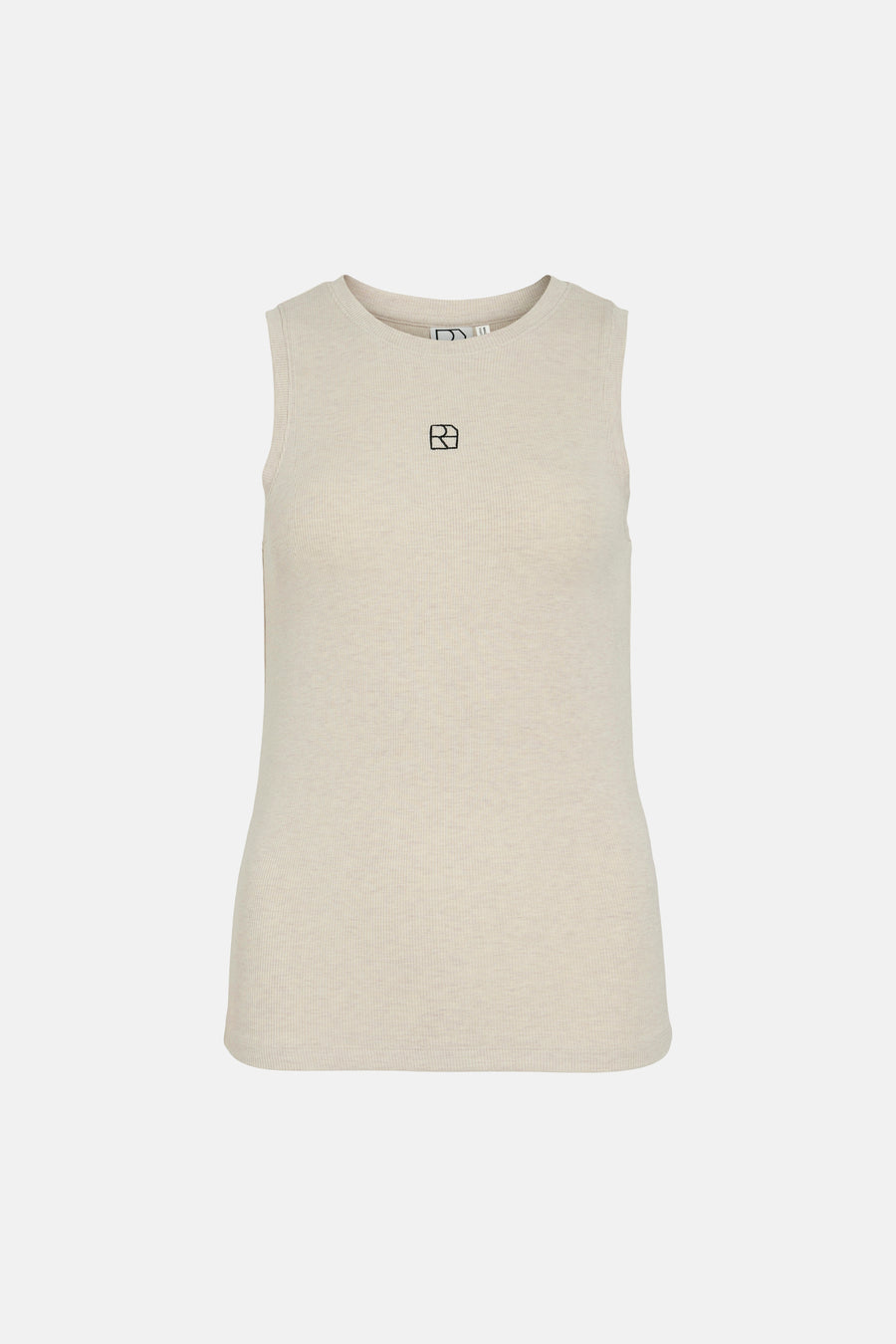 Top sans manches beige de ROUGE EDIT, en maille côtelée avec un petit logo noir.