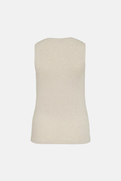 Top sans manches beige de ROUGE EDIT, en maille côtelée, coupe ajustée, sur fond uni.