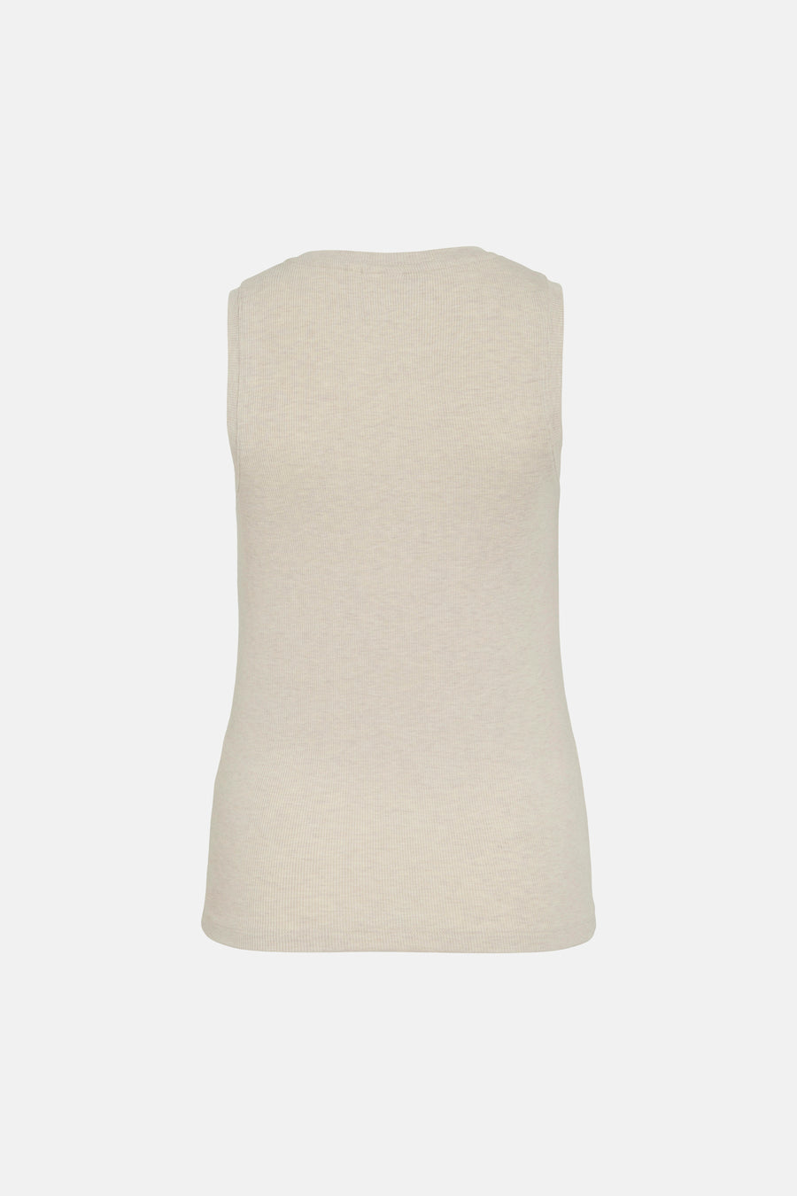 Top sans manches beige de ROUGE EDIT, en maille côtelée, coupe ajustée, sur fond uni.