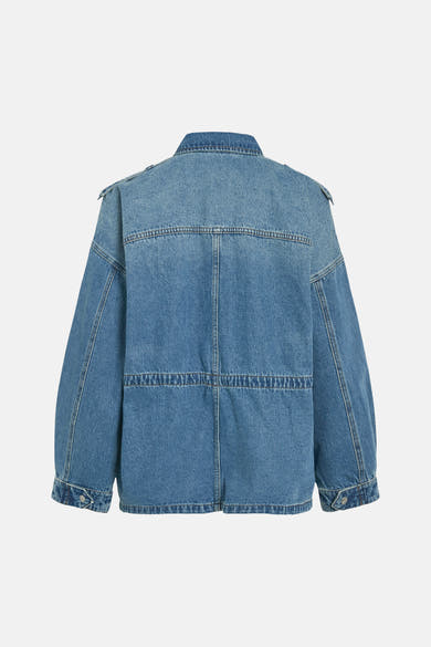 Veste courte en denim bleu moyen de ROUGE EDIT, vue de dos avec empiècement, col pointu, pattes d'épaule et bande de taille à surpiqûres.