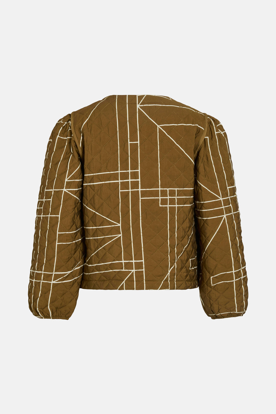 Kort goudkleurig jasje van VILA®, wit geometrisch patroon, zichtbare gewatteerde vulling aan de achterkant.