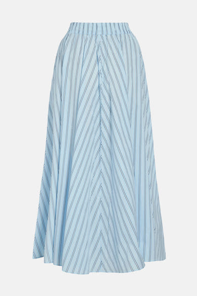 Lange blauwe gestreepte rok van VILA®, met een visgraatpatroon en een elastische tailleband, van achteren gezien.