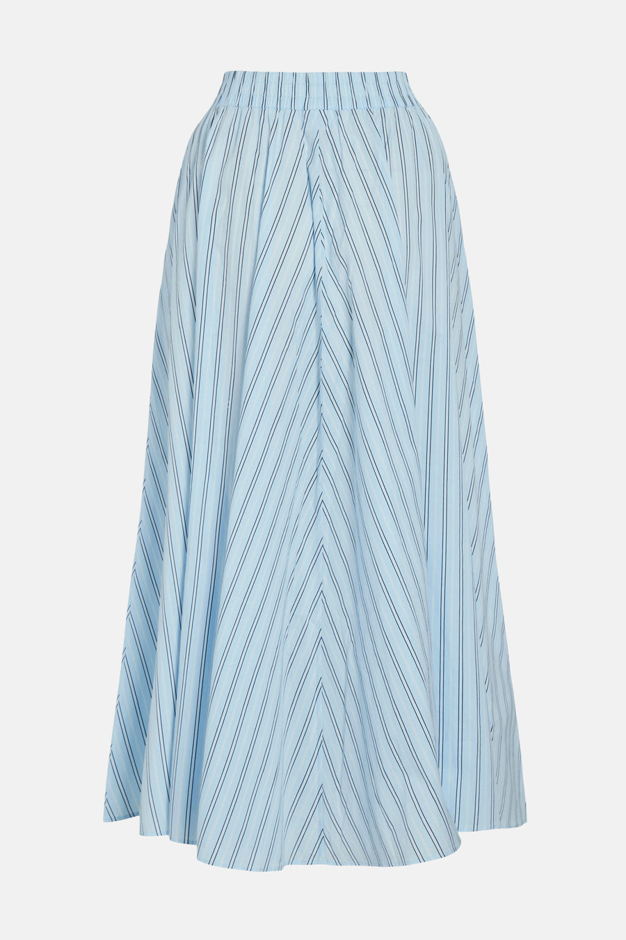 Lange blauwe gestreepte rok van VILA®, met een visgraatpatroon en een elastische tailleband, van achteren gezien.