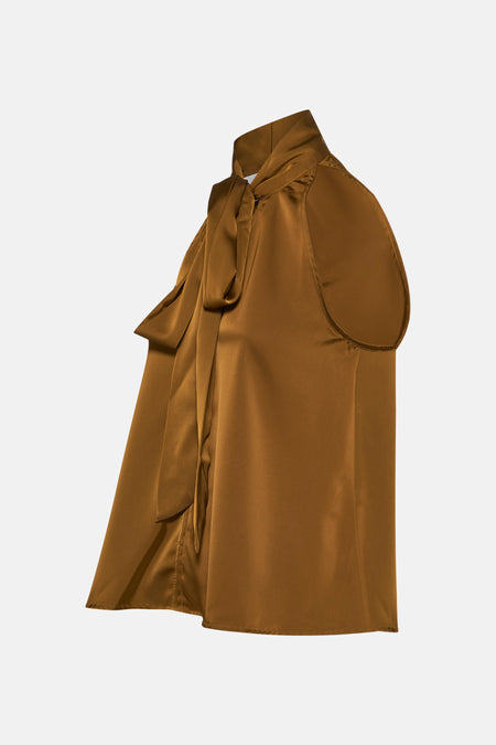 Gouden mouwloze blouse van VILA®, met een decoratieve strik bij de hals en een gestructureerde schouderpas.