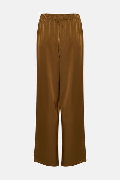 Pantalon doré de VILA, avec une taille élastique et une coupe ample, sur un fond blanc.