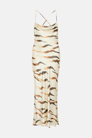 Robe longue multicolore de ROUGE EDIT à col bénitier, bretelles croisées et motif tigré flou crème et marron.