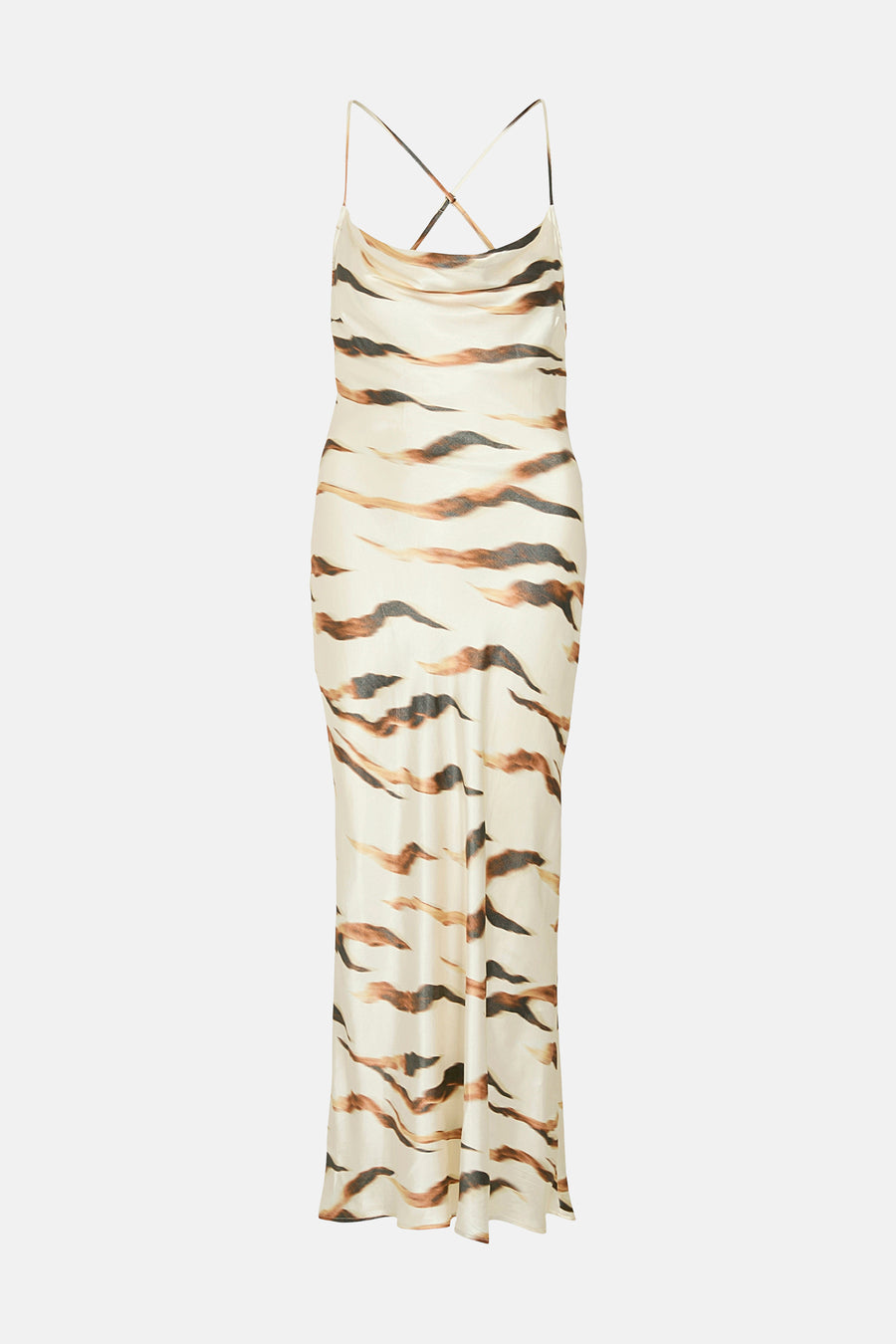Robe longue multicolore de ROUGE EDIT à col bénitier, bretelles croisées et motif tigré flou crème et marron.