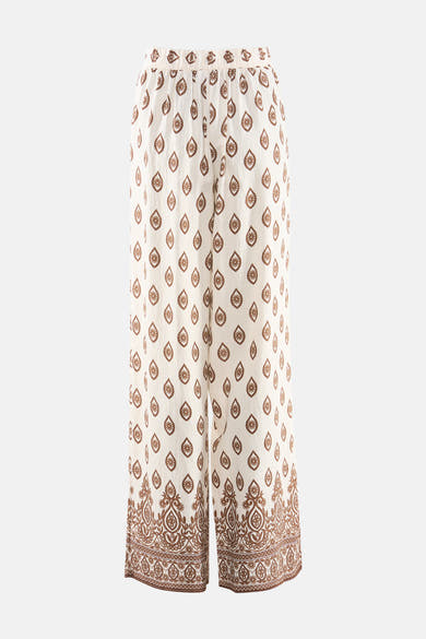 Pantalon large crème à motifs marron de VILA, avec taille élastique et un riche imprimé floral et géométrique.