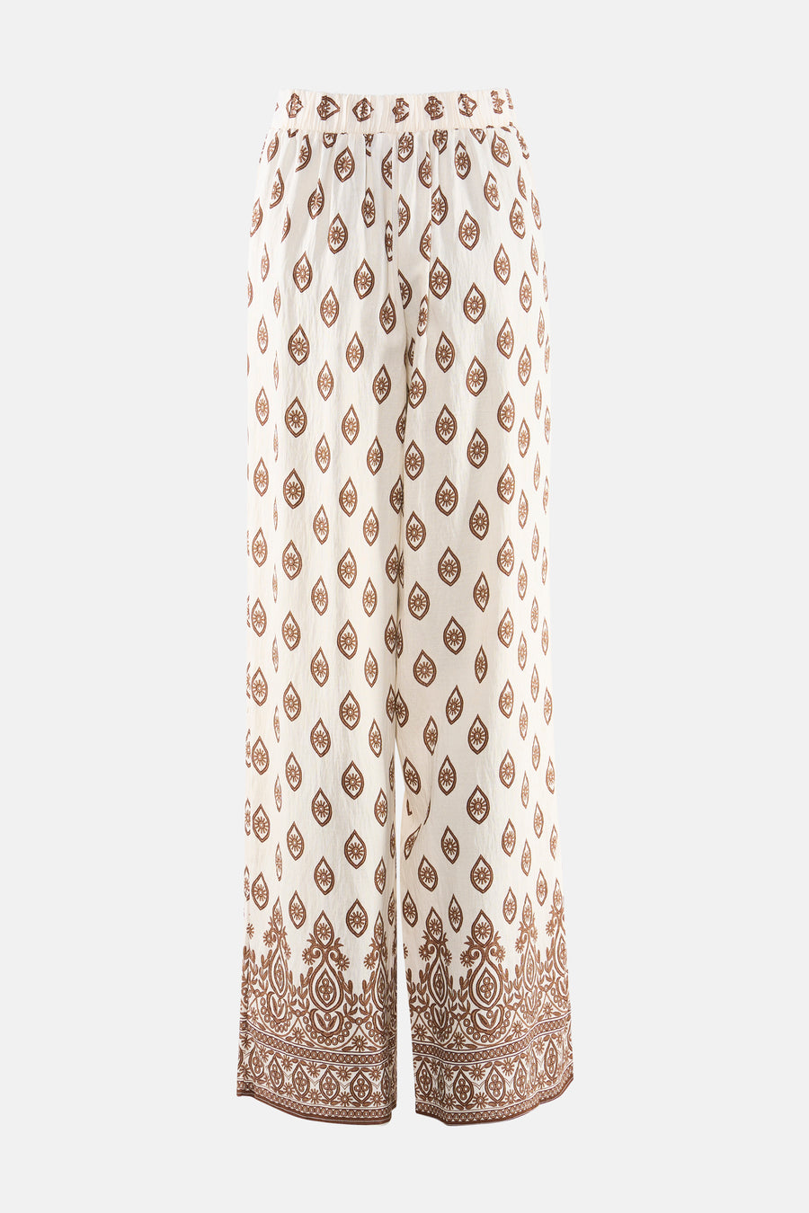 Pantalon large crème à motifs marron de VILA, avec taille élastique et un riche imprimé floral et géométrique.