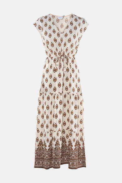Robe longue écrue de VILA à motifs marron en gouttelettes avec soleil et large bordure brodée.