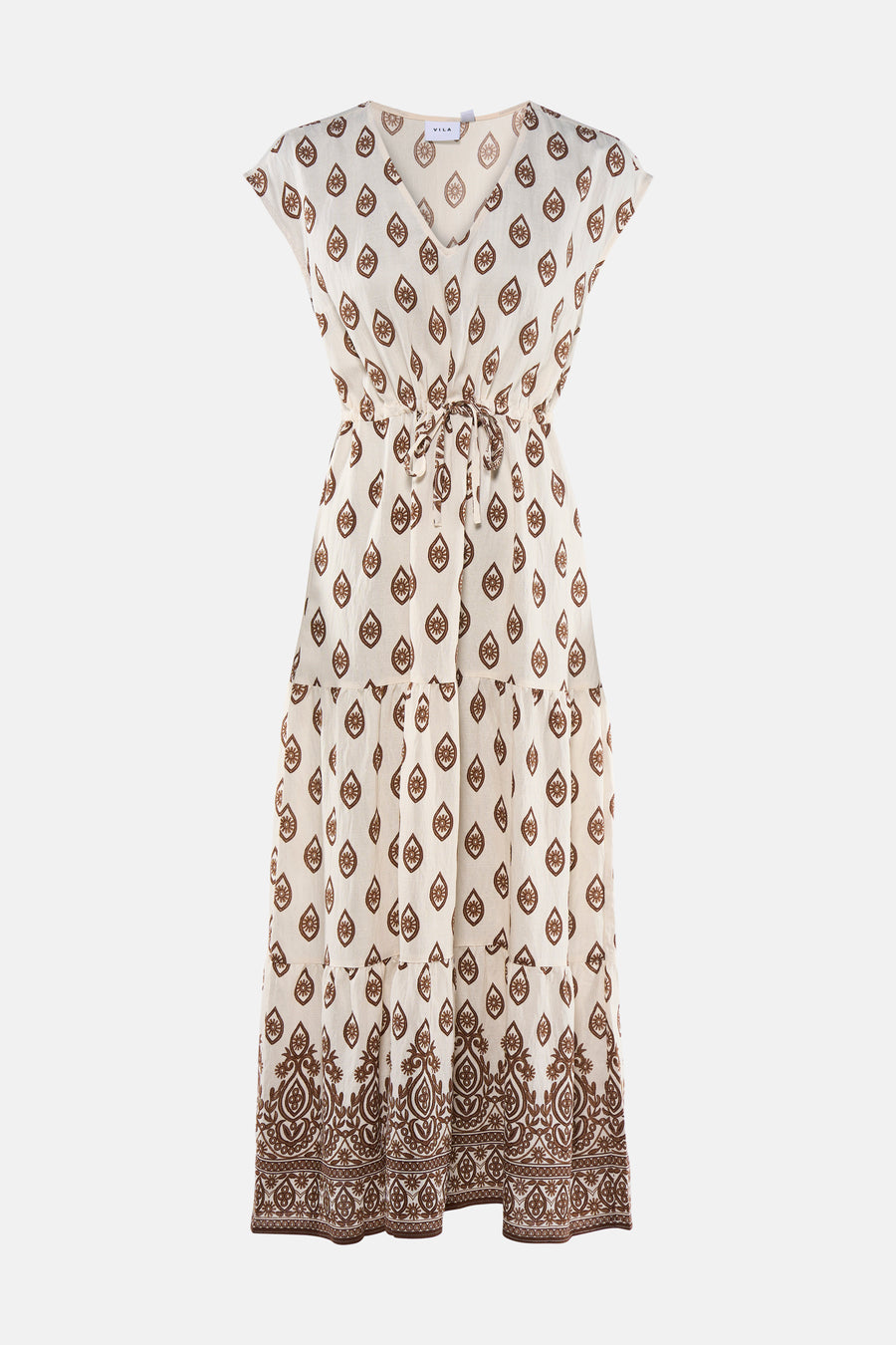 Robe longue écrue de VILA à motifs marron en gouttelettes avec soleil et large bordure brodée.