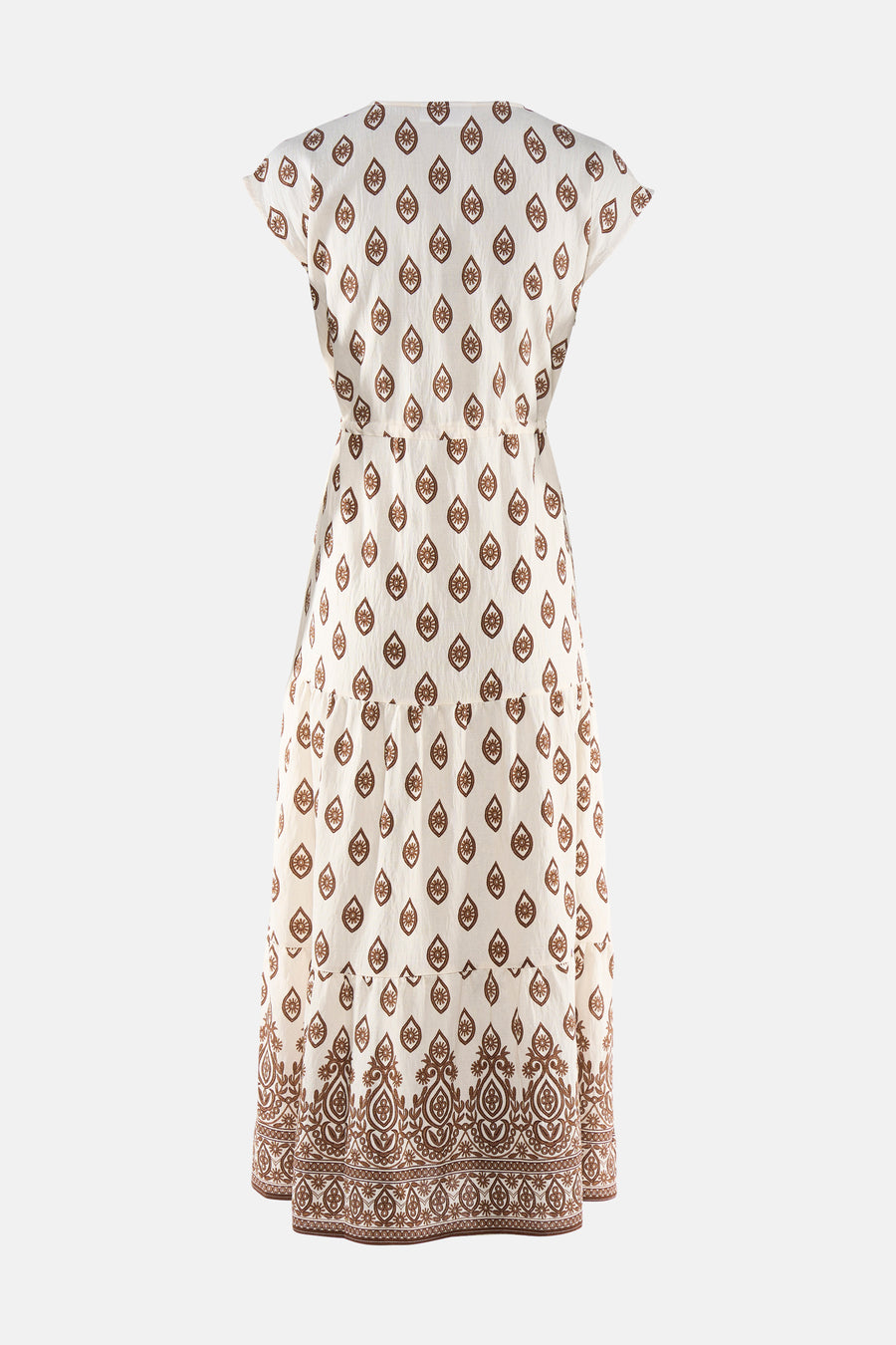 Robe crème à motifs marron de VILA®, dos simple, manches courtes et jupe à volants.
