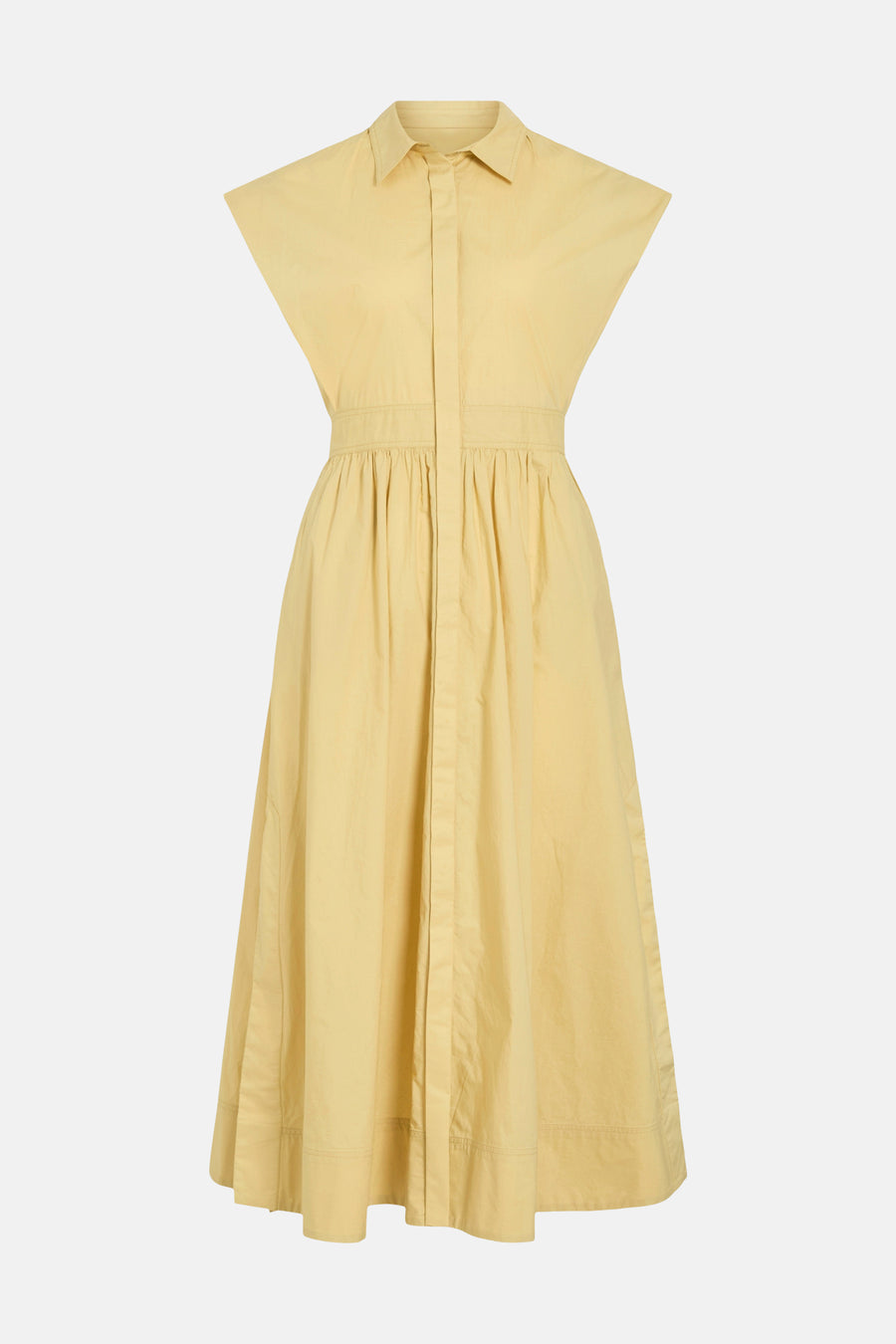 Robe chemise jaune de ROUGE EDIT avec col, boutonnée sur le devant, manches courtes, taille froncée et jupe évasée mi-longue.