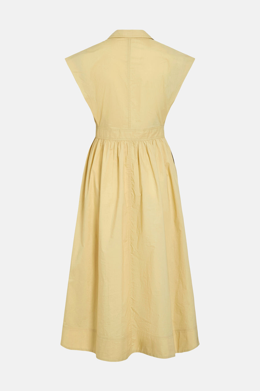 Robe jaune de ROUGE EDIT avec col, sans manches, taille cintrée et jupe plissée, vue de dos.