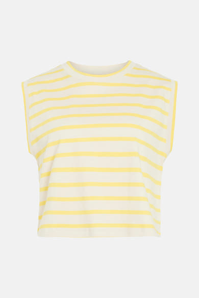 Top sans manches rayé jaune et crème de ROUGE EDIT, à col rond et épaules structurées.
