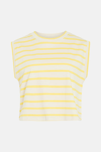 Top sans manches rayé jaune et crème de ROUGE EDIT, à col rond et épaules structurées.