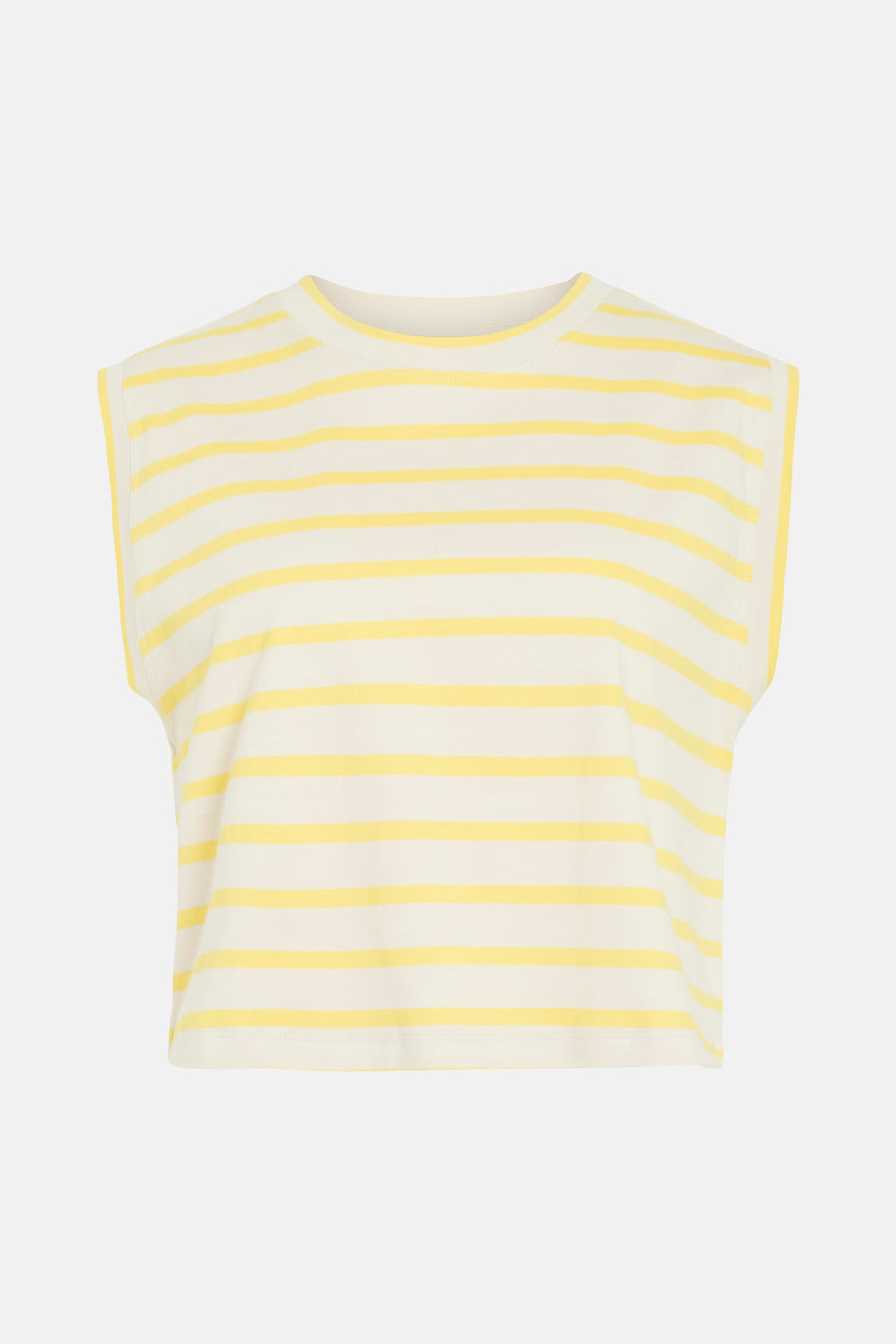 Top sans manches rayé jaune et crème de ROUGE EDIT, à col rond et épaules structurées.