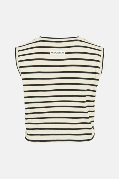 Top sans manches rayé crème et noir de ROUGE EDIT, vu de dos avec col bateau.