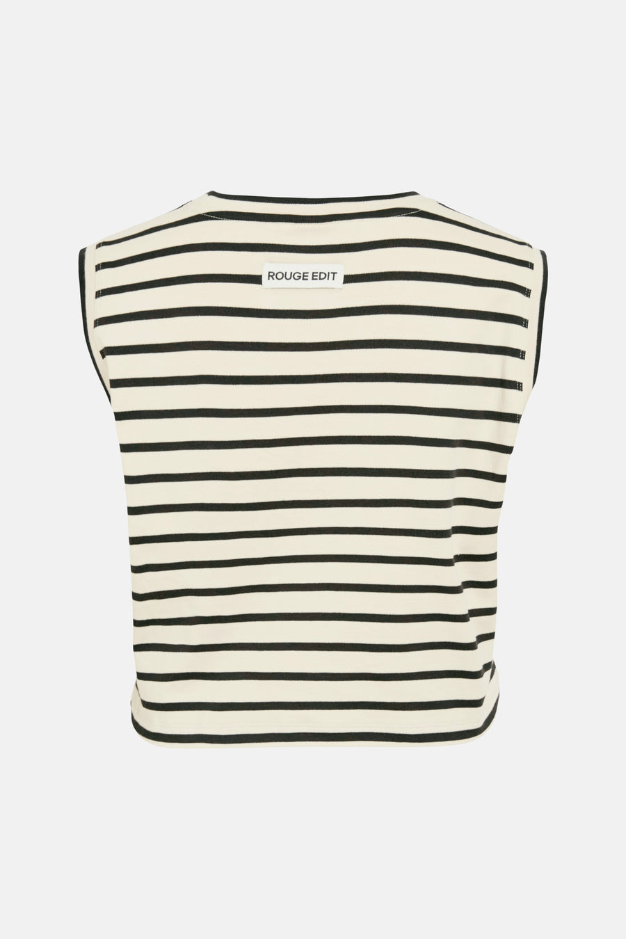 Top sans manches rayé crème et noir de ROUGE EDIT, vu de dos avec col bateau.