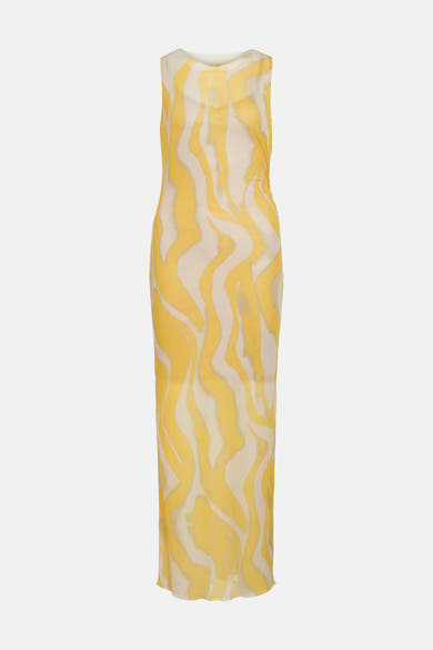 Multikleurige jurk van ROUGE EDIT met geel golvend abstract patroon op een beige achtergrond, lange en aansluitende pasvorm.