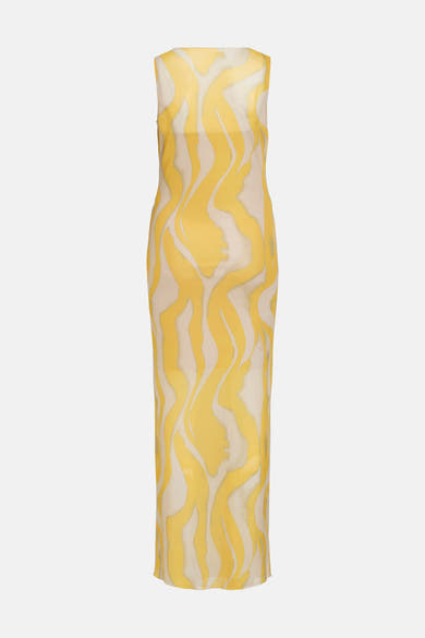 Multikleurenjurk van ROUGE EDIT, gele golvende print op een beige achtergrond, lange rechte pasvorm.