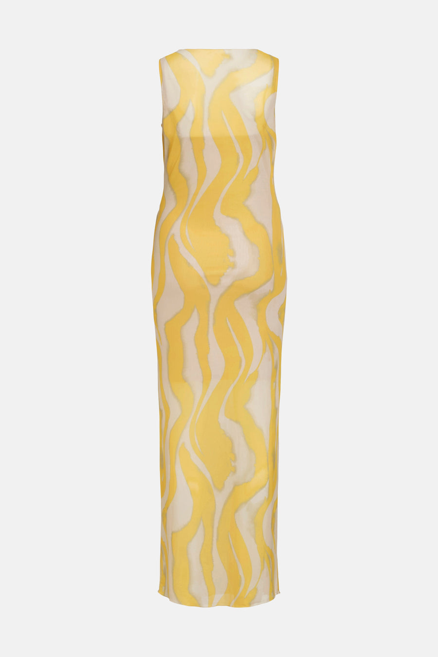 Multikleurenjurk van ROUGE EDIT, gele golvende print op een beige achtergrond, lange rechte pasvorm.