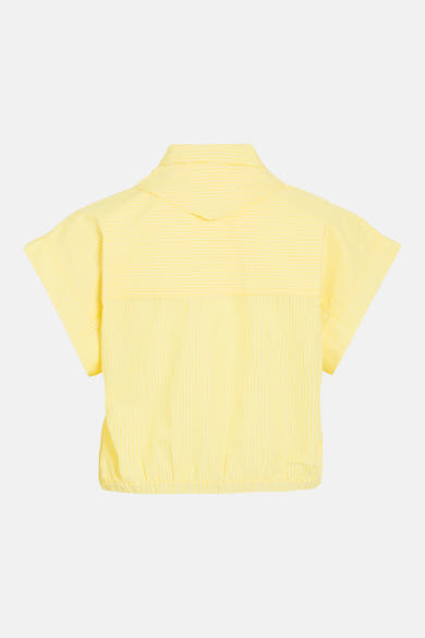 Chemisier jaune à manches courtes de ROUGE EDIT, à fines rayures blanches, taille élastiquée, vue de dos.