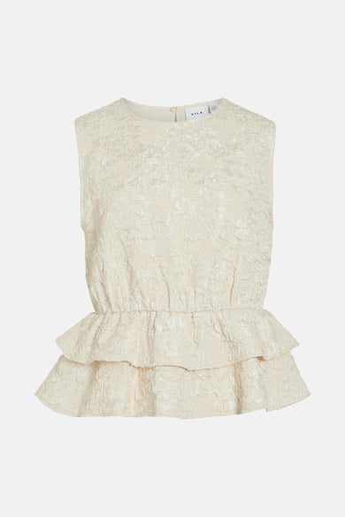 Beige mouwloos hemd van VILA, met reliëftextuur en ruche aan de taille.