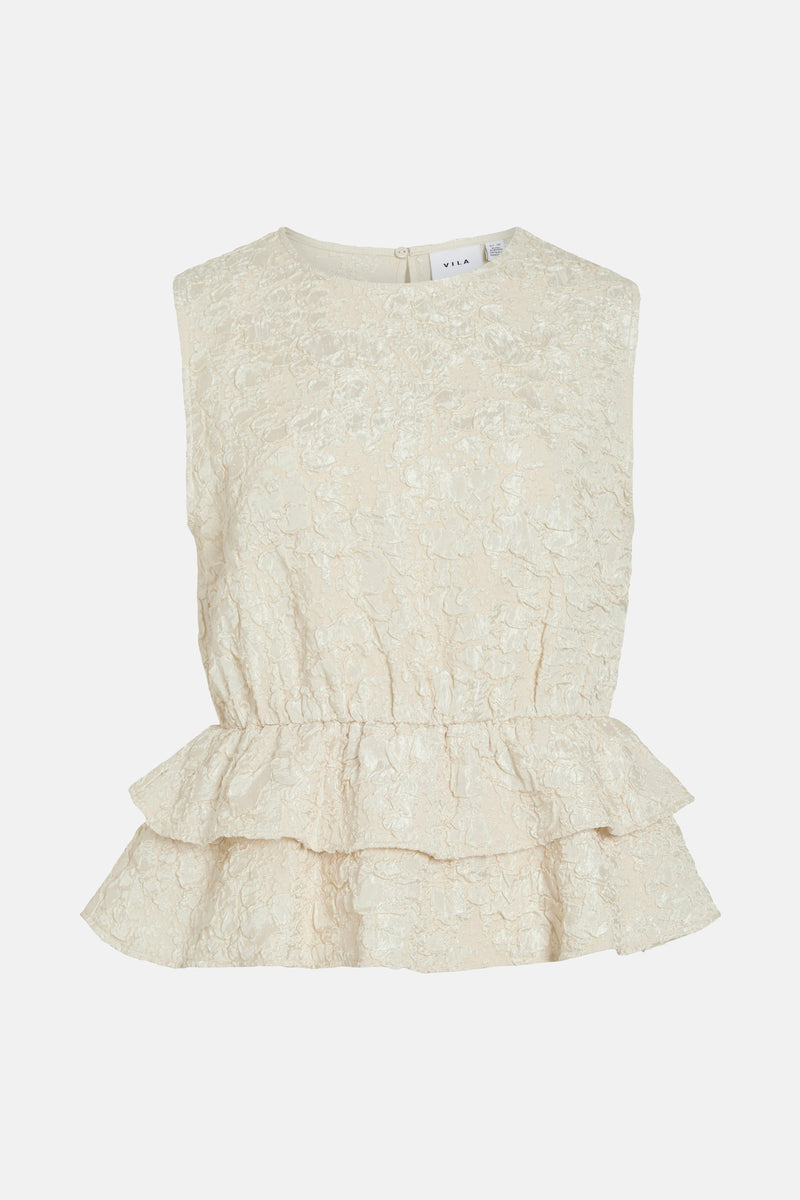Beige mouwloos hemd van VILA, met reliëftextuur en ruche aan de taille.
