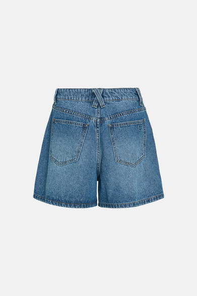 Short en denim bleu moyen de ROUGE EDIT, vue de dos avec poches et détail croisé à la taille.