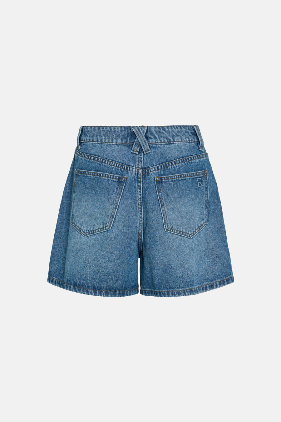 Short en denim bleu moyen de ROUGE EDIT, vue de dos avec poches et détail croisé à la taille.