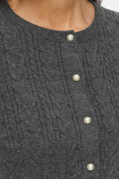 Dark grey melange knit gilet with cable texture and pearl buttons, close-up front view