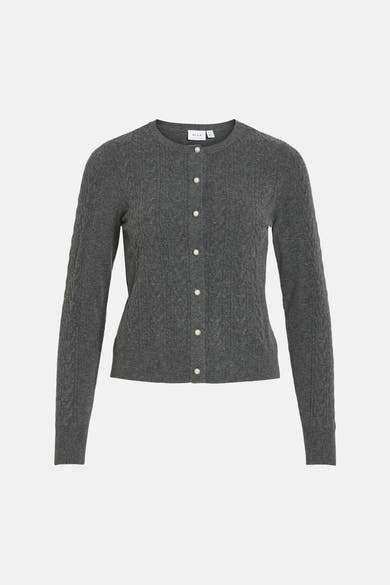 Dark grey melange ribbed cardigan by VILA with pearl buttons, front view