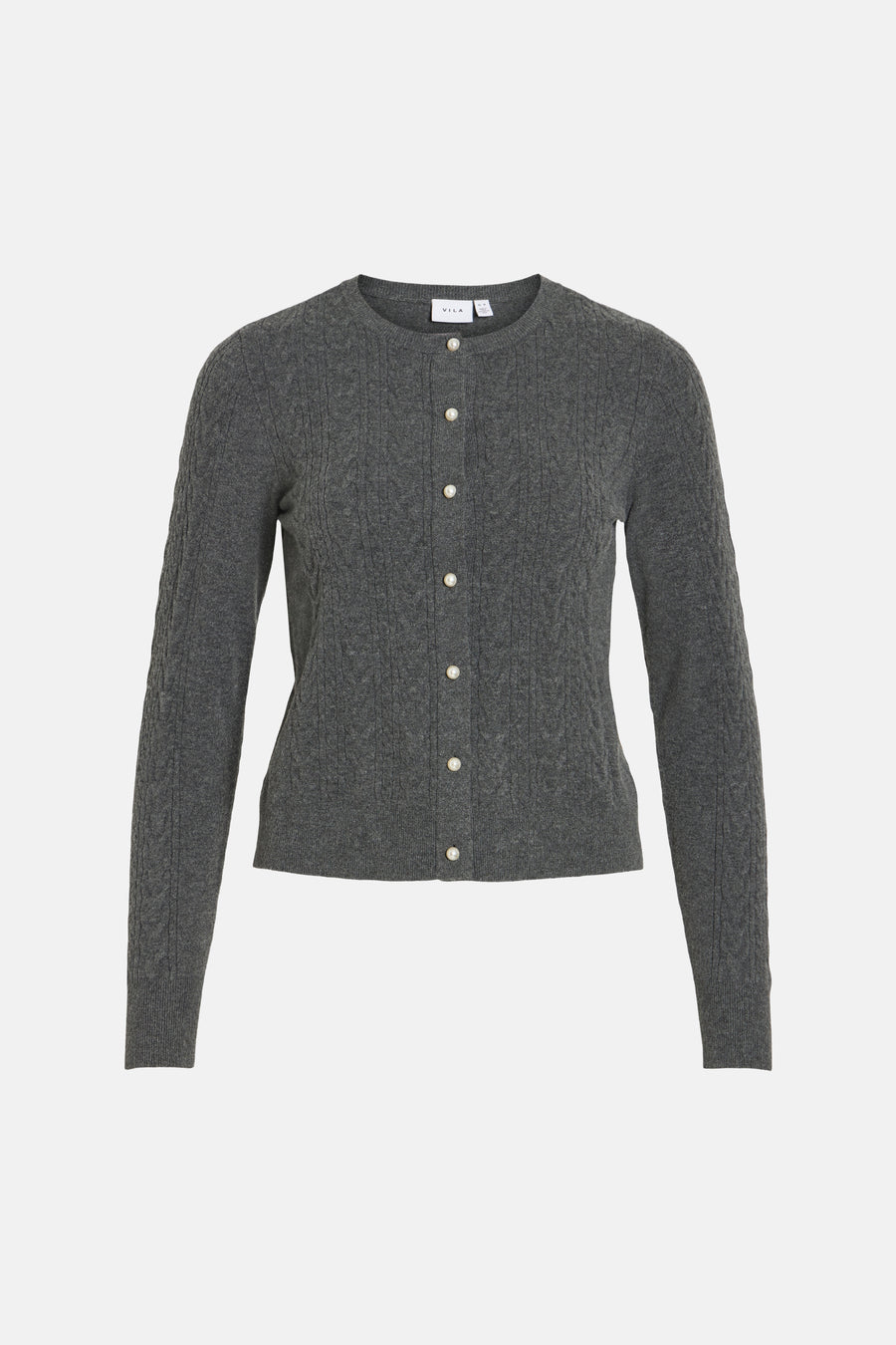 Dark grey melange ribbed cardigan by VILA with pearl buttons, front view