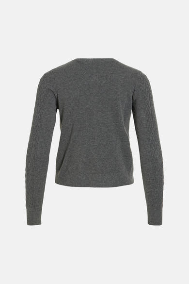 Dark grey melange gilet with cable-knit sleeves, back view, ribbed hem and neckline, soft textured knit fabric