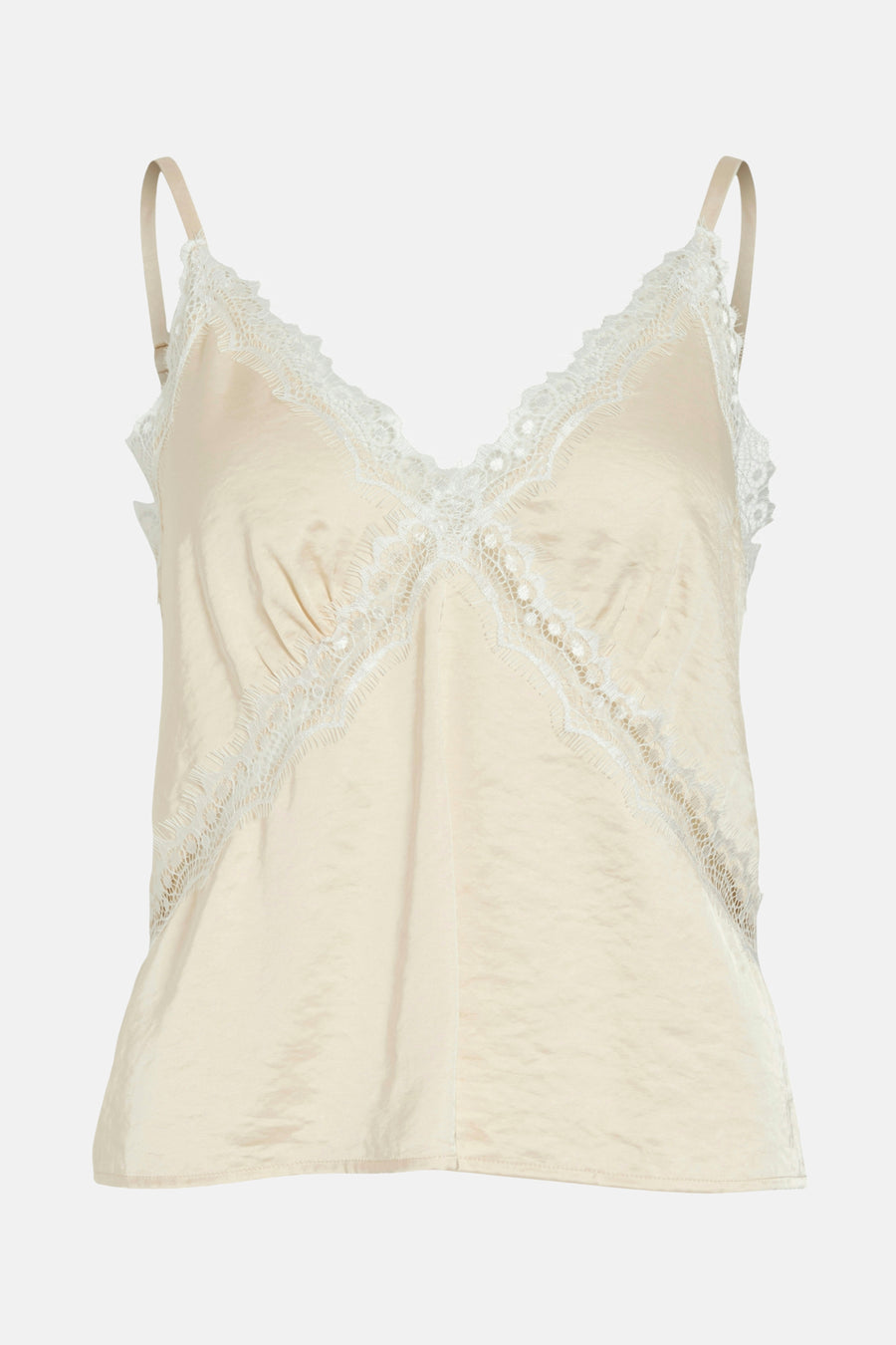 Blouse écru sans manches de VILA® avec décolleté en V orné de dentelle blanche.
