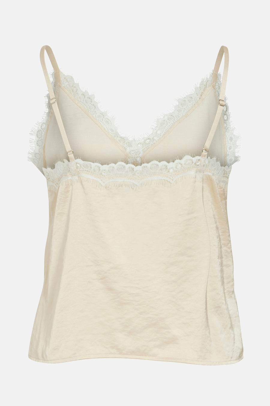 Blouse écru sans manches de VILA, avec dentelle blanche ornant l'encolure en V et fines bretelles réglables.