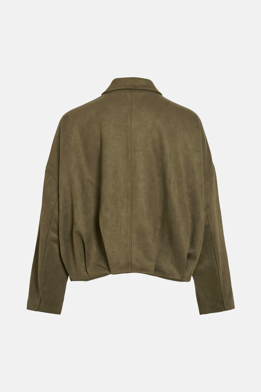 Korte groene jas van VILA, van achteren gezien, met klassieke kraag en wijde lange mouwen.