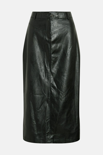 Zwarte lange rok van VILA®, met getextureerd leerlook en een stikseldetail in het midden.