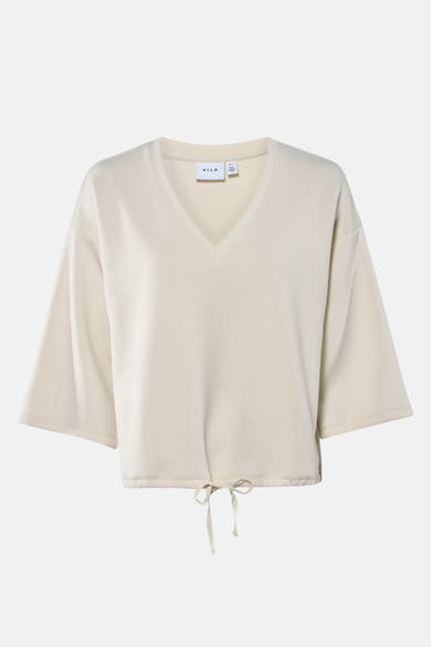 Sweat beige de VILA, avec un cordon de serrage à la base et des manches courtes amples.