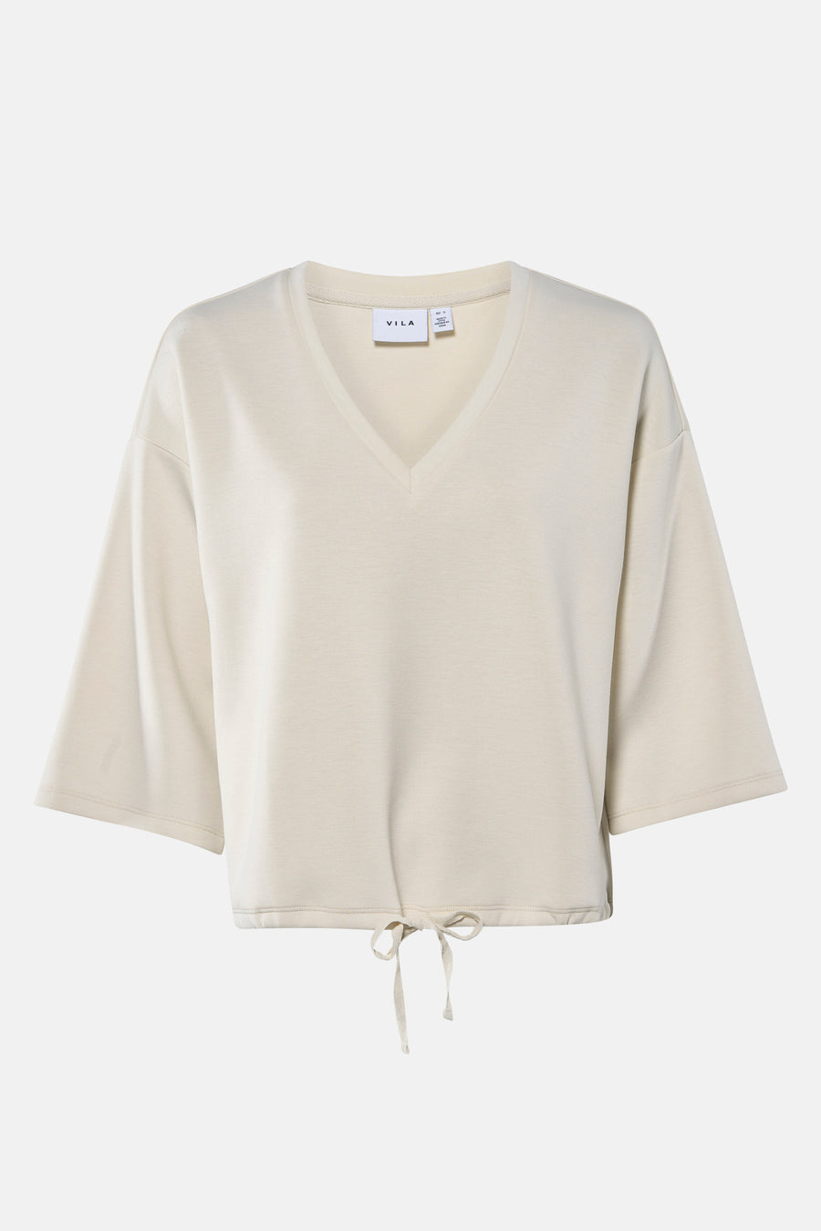 Sweat beige de VILA, avec un cordon de serrage à la base et des manches courtes amples.