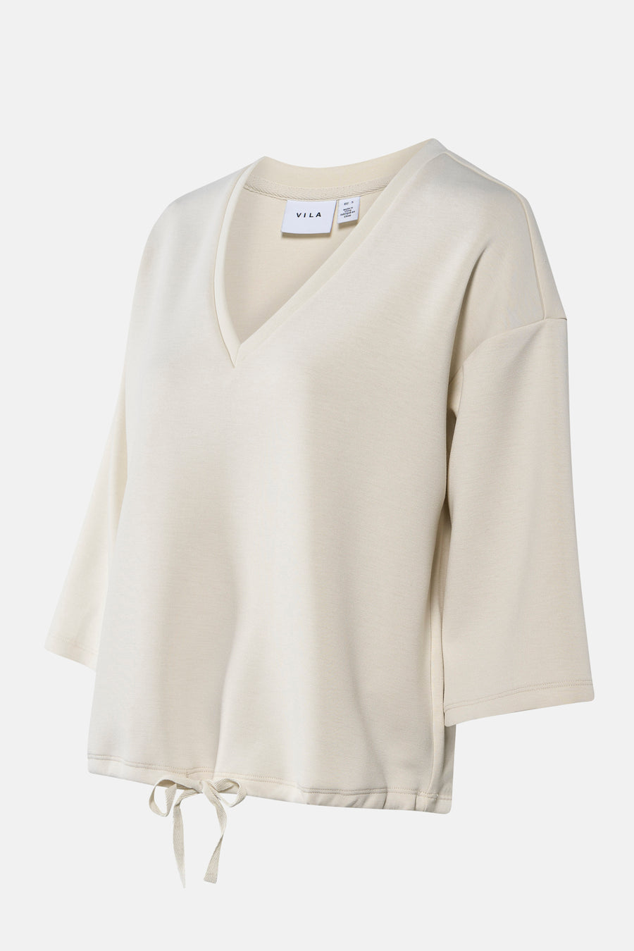 Sweat beige uni de VILA, avec cordon de serrage à la taille et col en V.