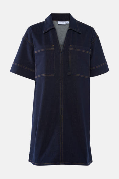 Robe en jean bleu foncé à manches courtes de VILA, avec poches plaquées et coutures apparentes.
