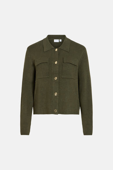 Olive green ribbed knit cardigan with collar and front buttons by VILA, featuring two chest pockets, front view.