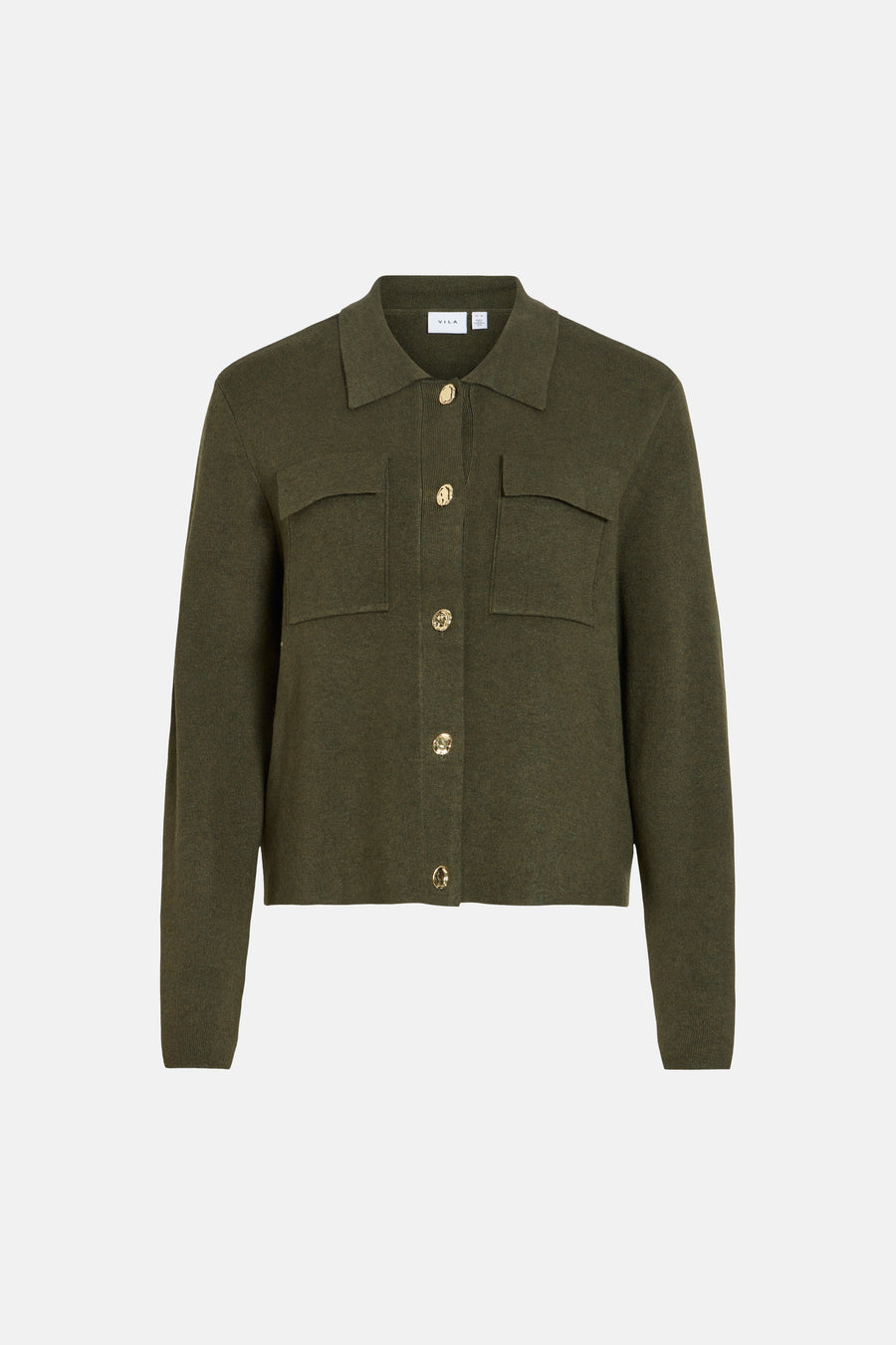 Olive green ribbed knit cardigan with collar and front buttons by VILA, featuring two chest pockets, front view.