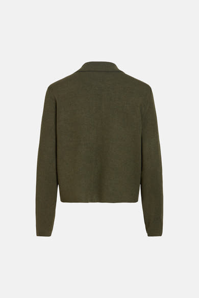 Olive green ribbed knit cardigan back view with structured collar and long sleeves, cropped fit