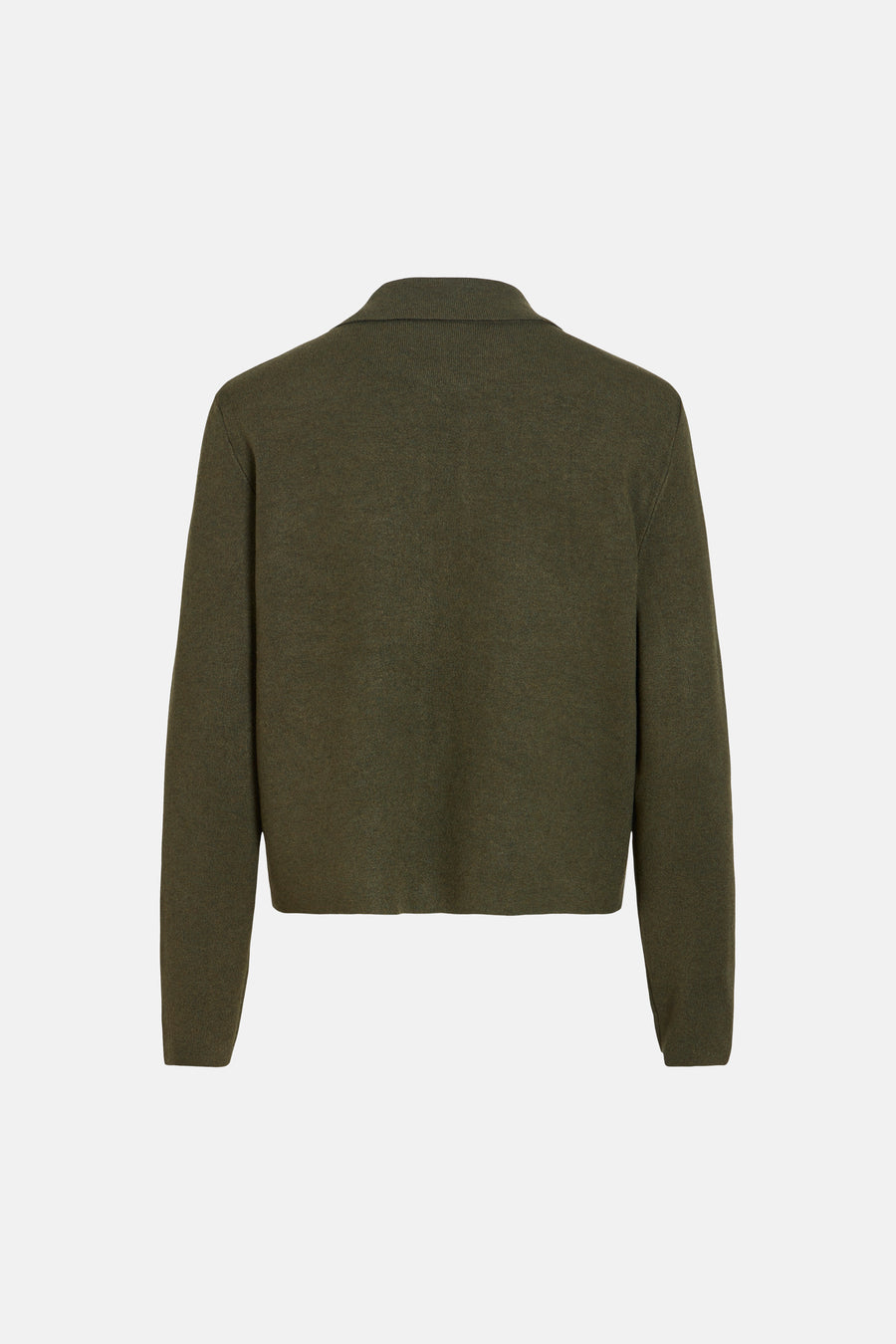 Olive green ribbed knit cardigan back view with structured collar and long sleeves, cropped fit